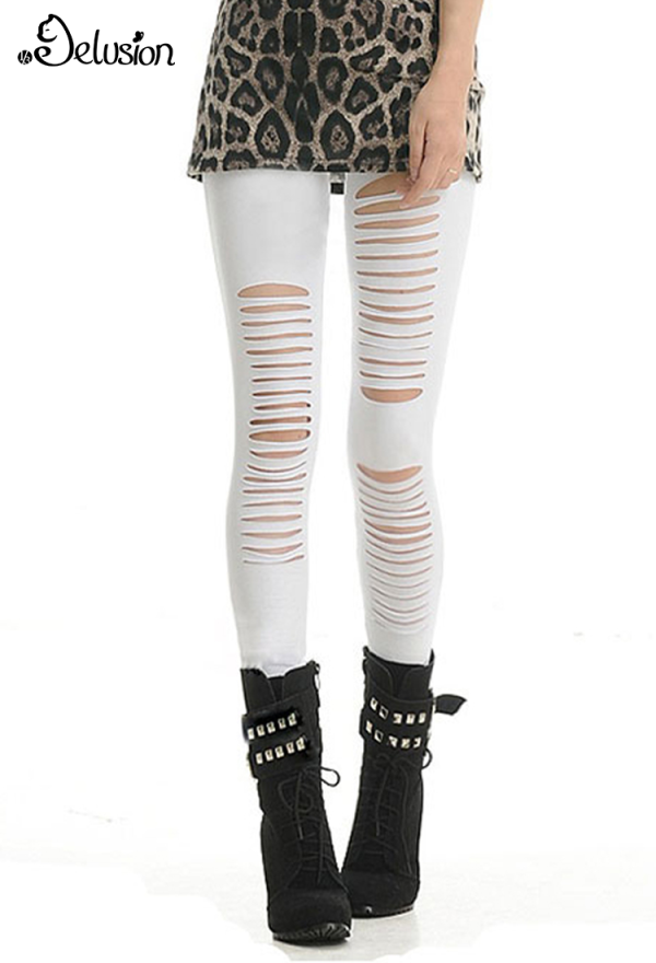 1/3 Delusion Women Fashion Gothic Streetwear Ripped off Leggings Punk Style Cotton Hollow Out Holes Elastic Bottom